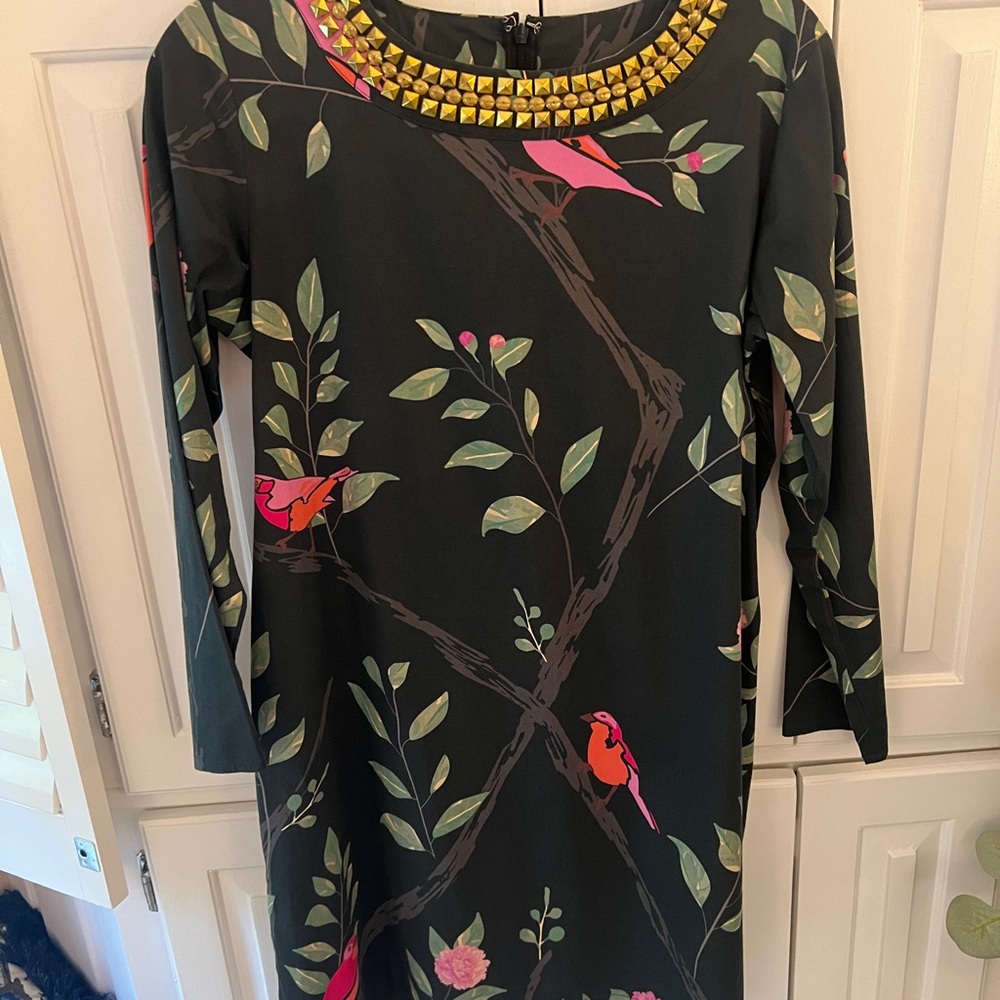 Elegant Black Floral Dress with Bird Print